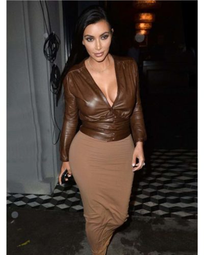 Impressive Kim Kardashian Brown Leather Jacket
